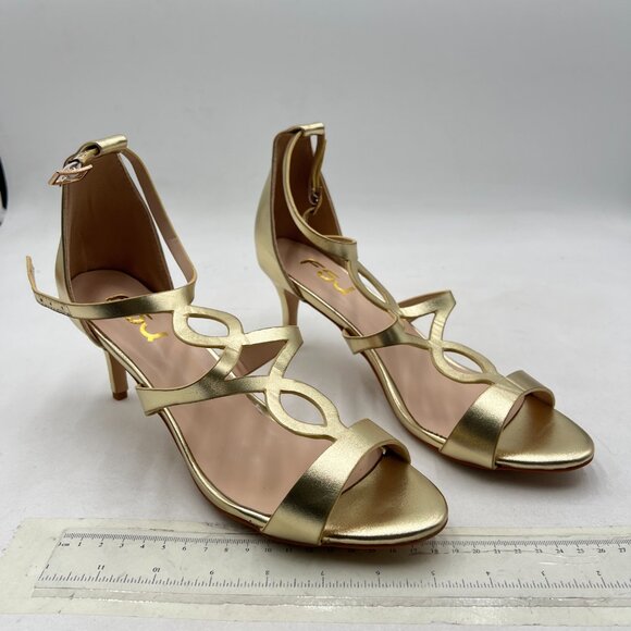 FSJ Gold Strappy Ankle Strap Sandals Open Toe Mid Heel Caged Cutout T-Strap Shoe - Picture 4 of 8